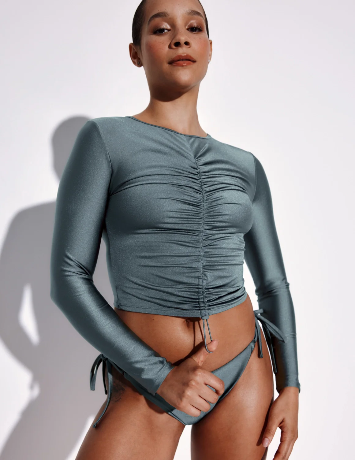 Shimmer Ruched Long Sleeve Swim Top - Last Call