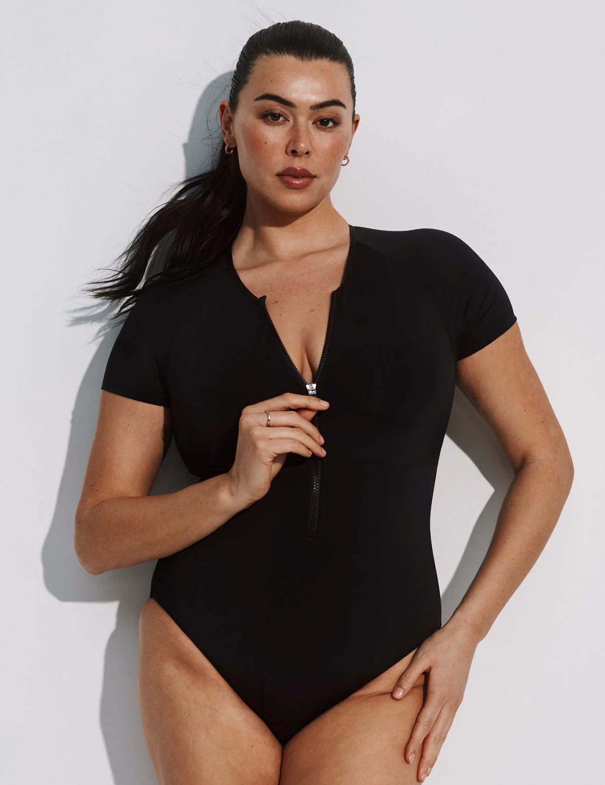 Short Sleeve Zip One Piece Swimsuit - Last Call